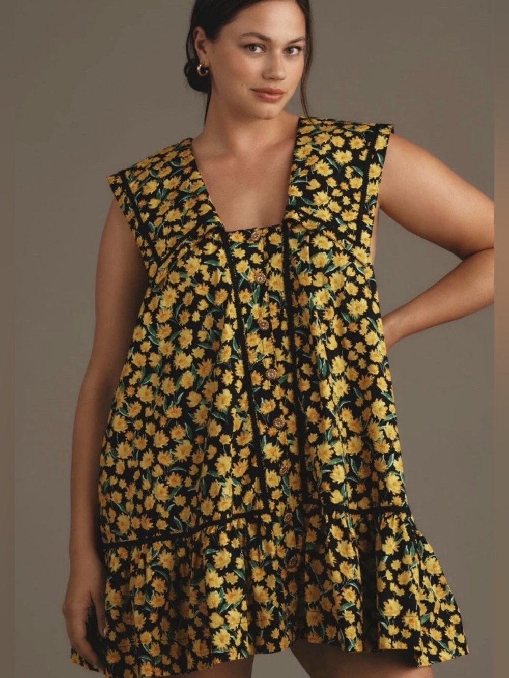 Anthropologie Maeve Mini Dress Yellow Collared Poplin Swing Dress Size 2X